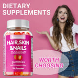 Xemenry hair, skin, nails, and collagen gummies bottle with a woman on a pink background