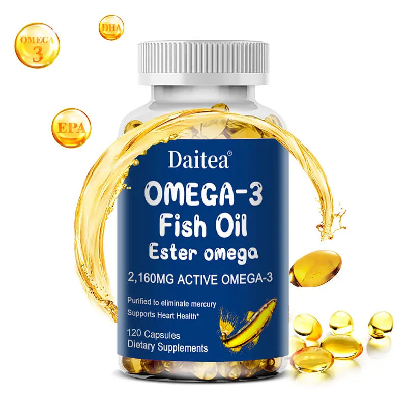 Daitea Omega-3 Fish Oil Ester supplement bottle with capsules and oil droplets on a white background
