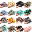 Collage of various types of gemstones held in hands against a white background