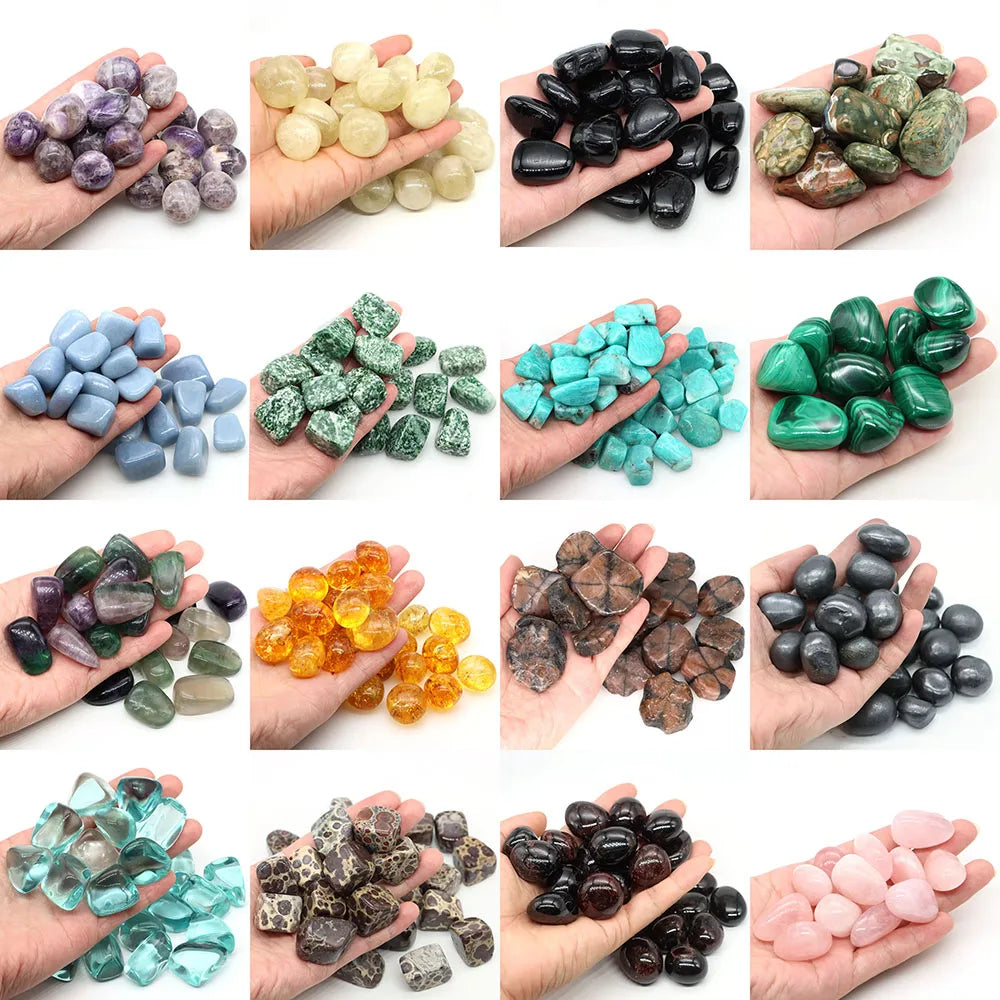 Collage of various types of gemstones held in hands against a white background