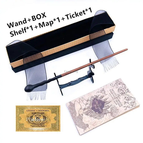 Harry Potter-themed wand, box, shelf, map, and ticket on a white background