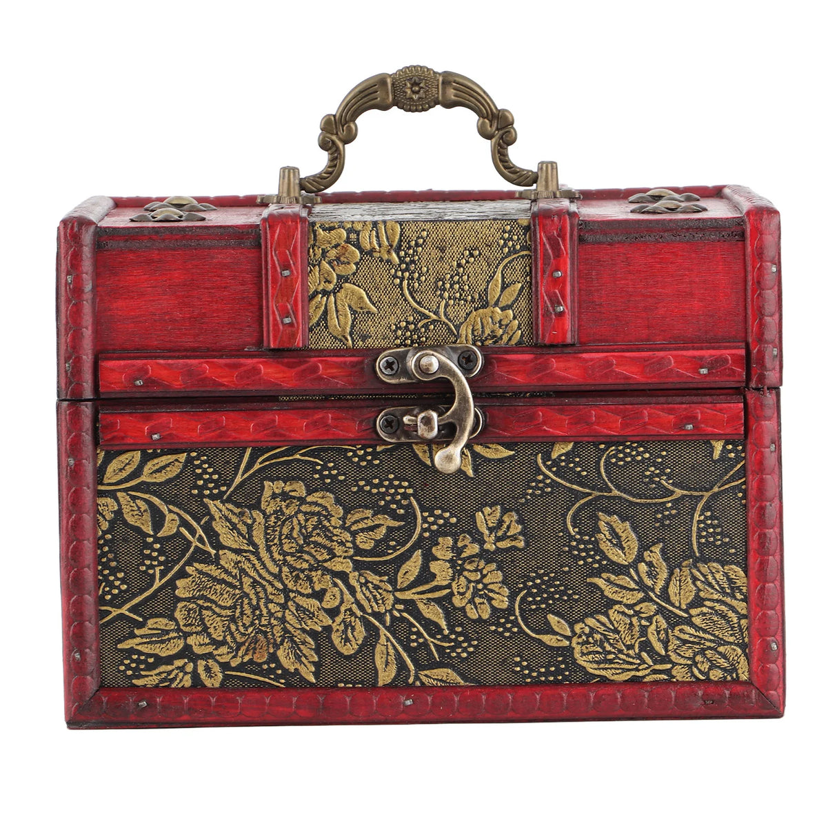 Decorative jewelry box with floral patterns and a red border on a white background