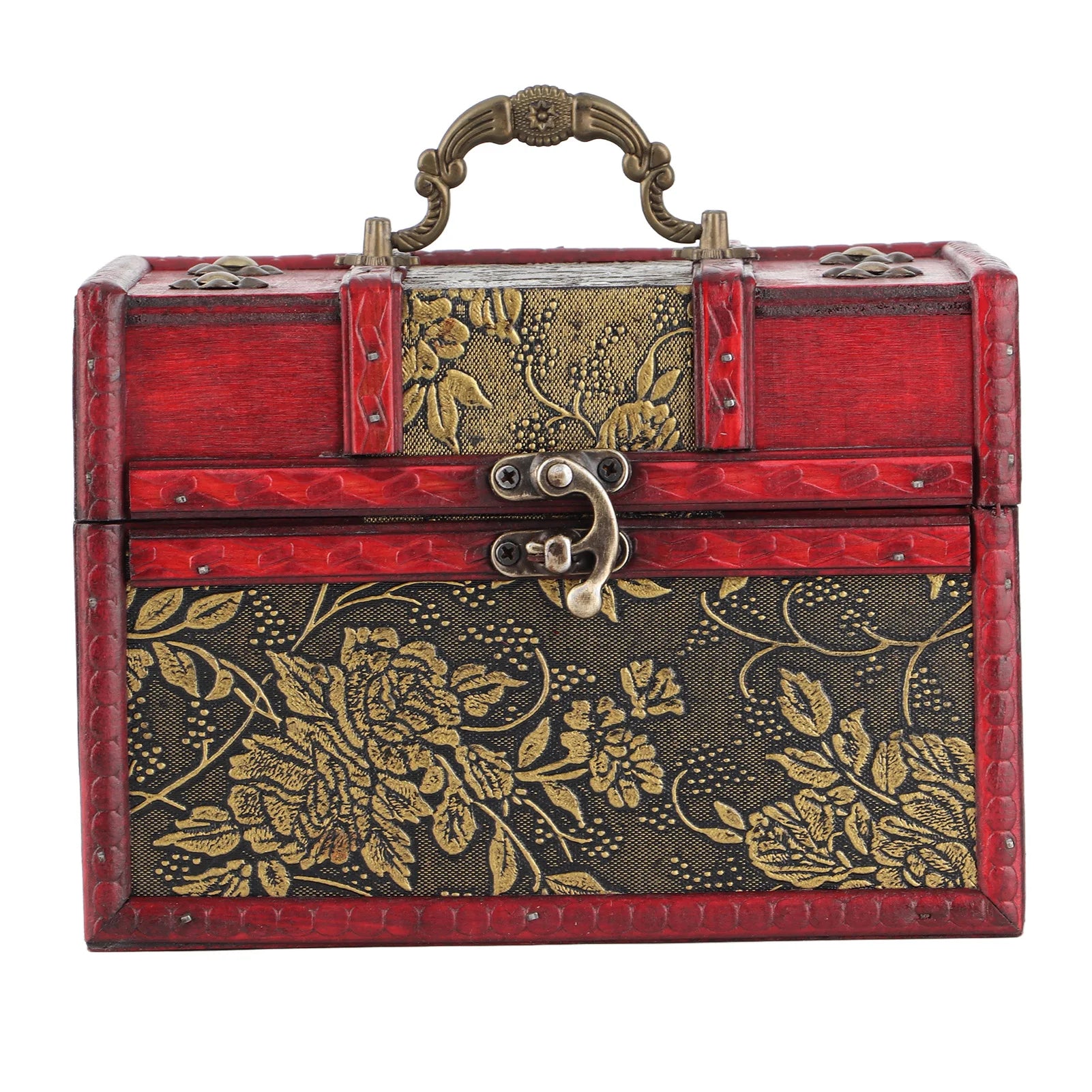 Decorative jewelry box with floral patterns and a red border on a white background