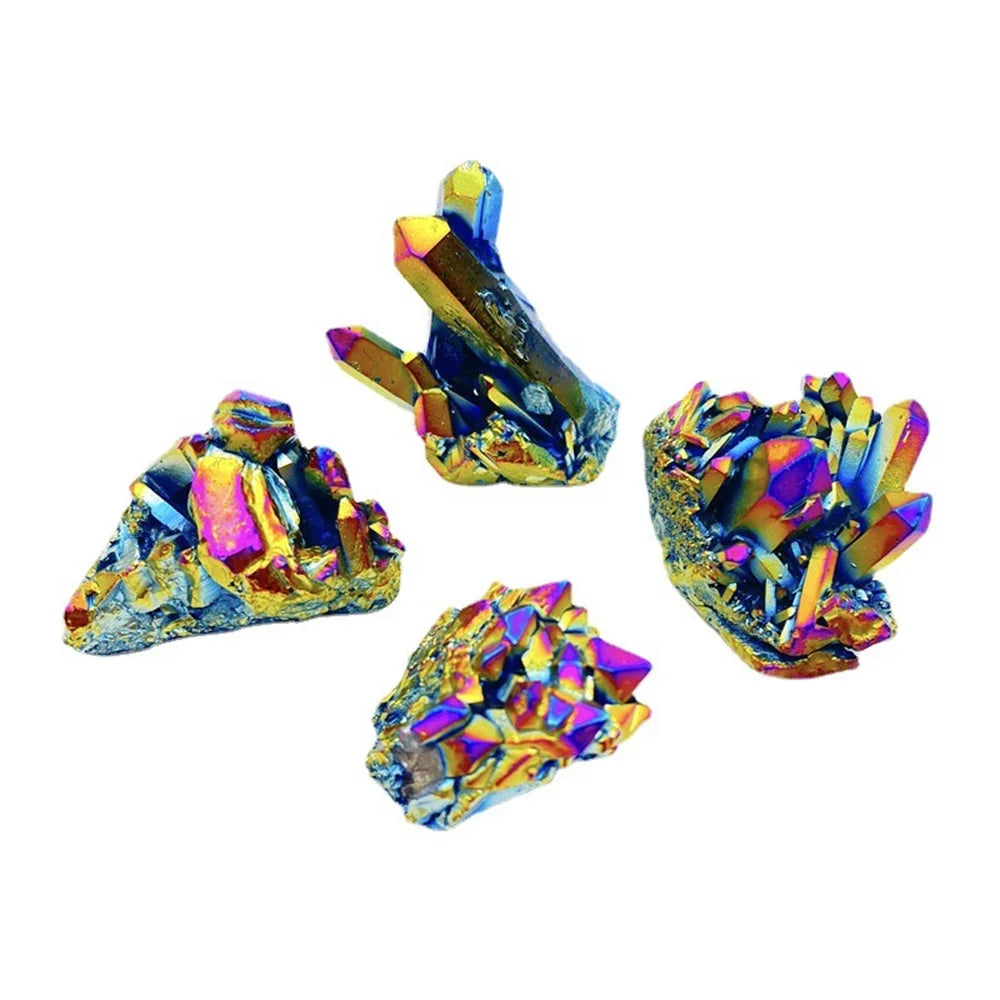 Four colorful crystal formations on a white background