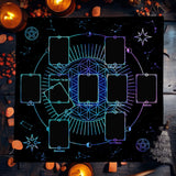 Decorative board with star signs and symbols on a dark background with candles and pumpkins.