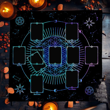 Decorative board with star signs and symbols on a dark background with candles and pumpkins.