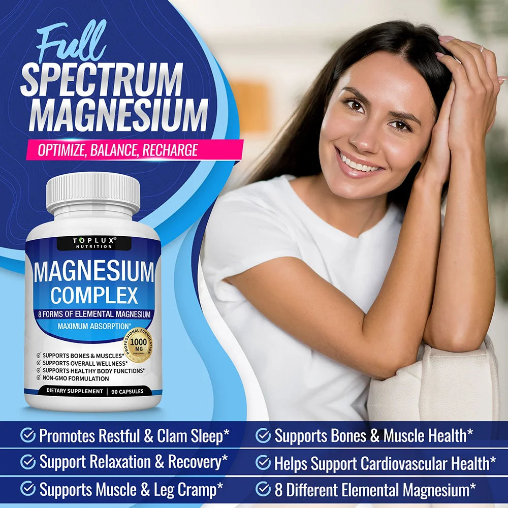 Woman sitting on a couch with a bottle of magnesium supplement in front of her.