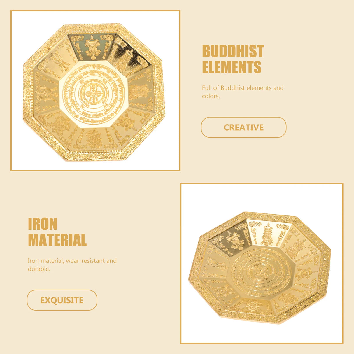 Decorative items with Buddhist elements on a beige background