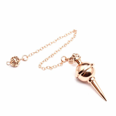 Rose gold necklace with a spherical pendant on a white background