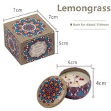 Decorative candle with mandala design and measurements on a white background