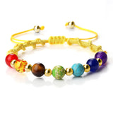 Colorful beaded bracelet with various stones on a white background