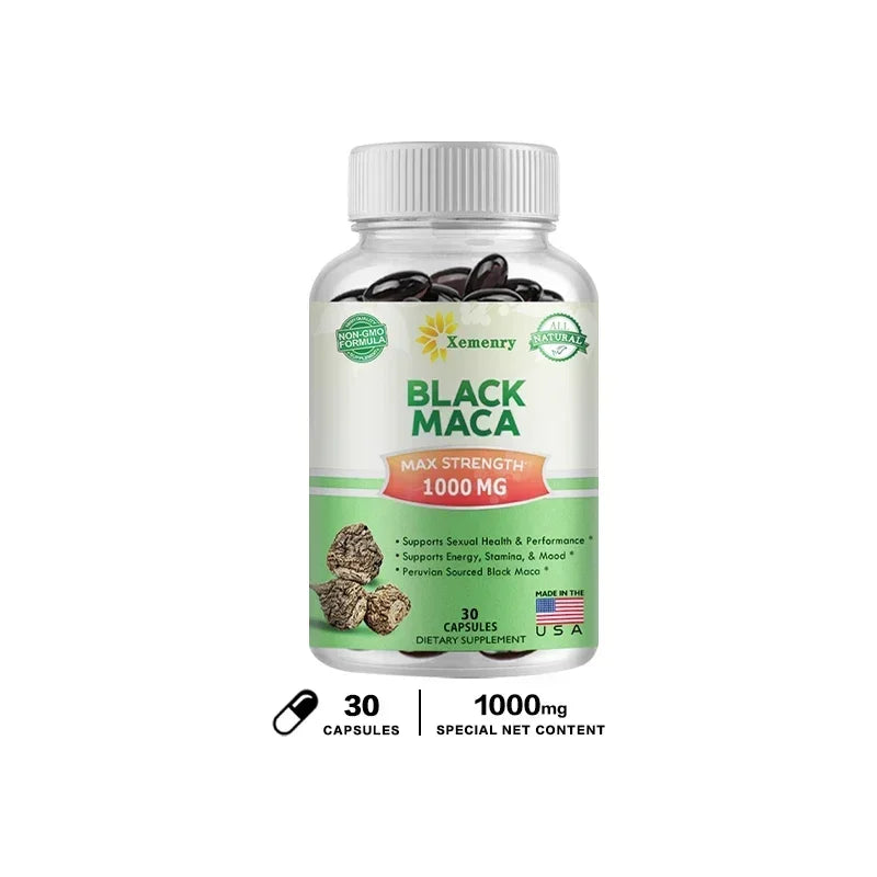 Supplement bottle labeled 'Black Maca' with Xemeny branding on a white background