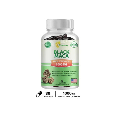 Supplement bottle labeled 'Black Maca' with Xemeny branding on a white background