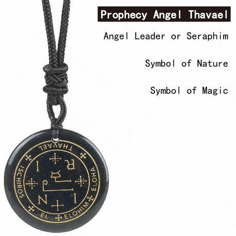 Black pendant with gold symbols on a black background, featuring text about Prophecy Angel Thavael.