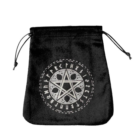 Black drawstring bag with a pentagram and rune design on a white background