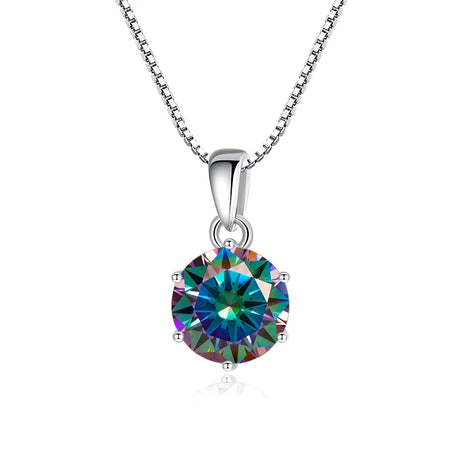 Multicolored gemstone pendant on a silver chain against a white background