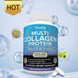 Bottle of Soomiiig Multi Collagen Protein supplement with a blue label on a light blue background.
