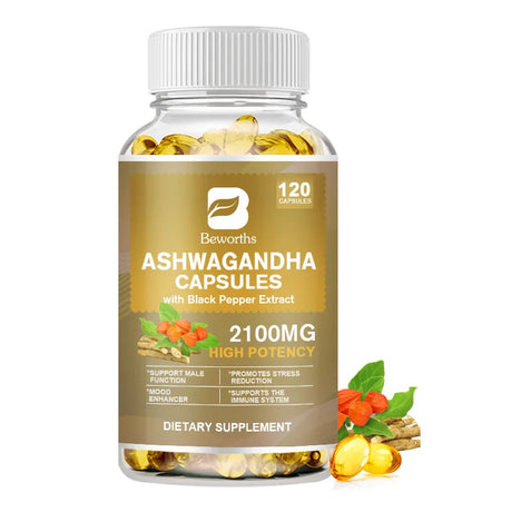 Bottle of Ashwagandha capsules with black pepper extract on a white background