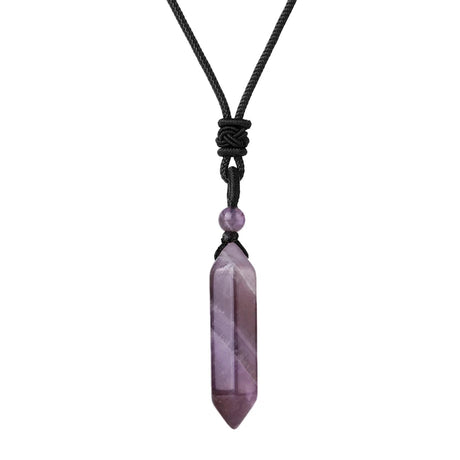 Necklace with a purple crystal pendant on a white background