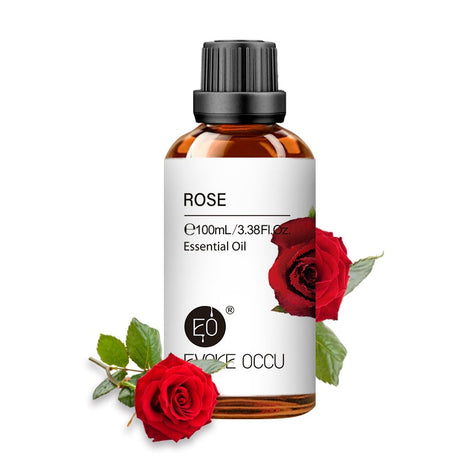 Rose essential oil bottle with Evoke Occu branding on a white background