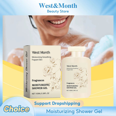 West & Month moisturizing shower gel packaging with a person in the background