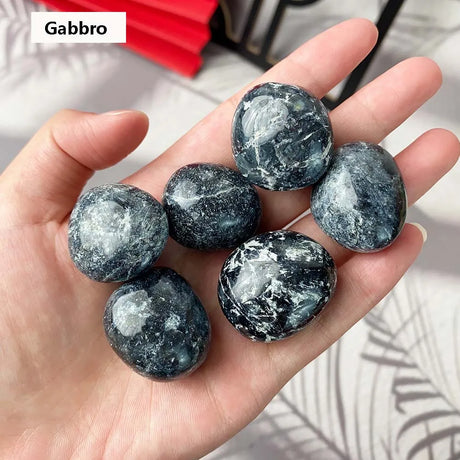 Hand holding six gabbro stones with a blurred background