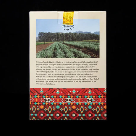 Product packaging with a scenic image of a field and text on a black background