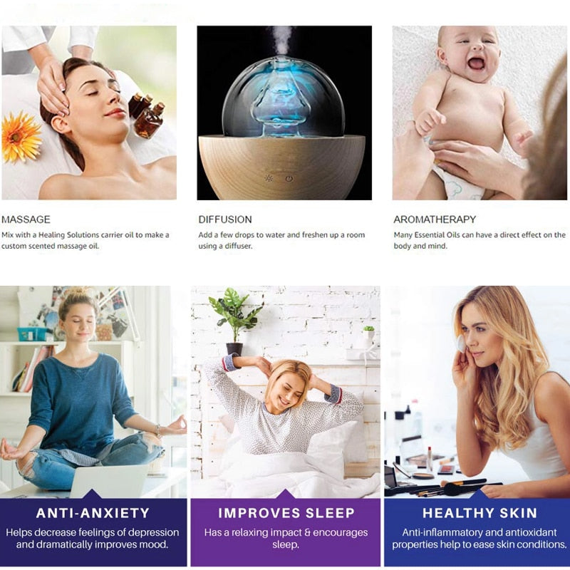 Collage of images showing the benefits of essential oils including massage, diffusion, aromatherapy, anti-anxiety, improved sleep, and healthy skin.