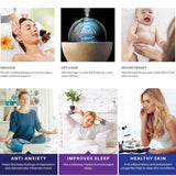 Collage of images showing the benefits of essential oils including massage, diffusion, aromatherapy, anti-anxiety, improved sleep, and healthy skin.