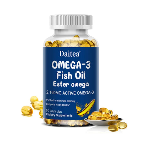 Daitea Omega-3 Fish Oil Ester omega supplement bottle with capsules on a white background