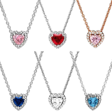 Set of heart-shaped gemstone necklaces in various colors on a white background