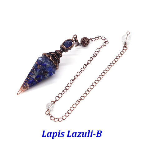 Lapis Lazuli crystal pendant with chain on a white background