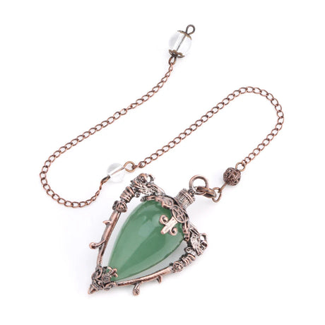 Necklace with a green pendant and rose gold chain on a white background