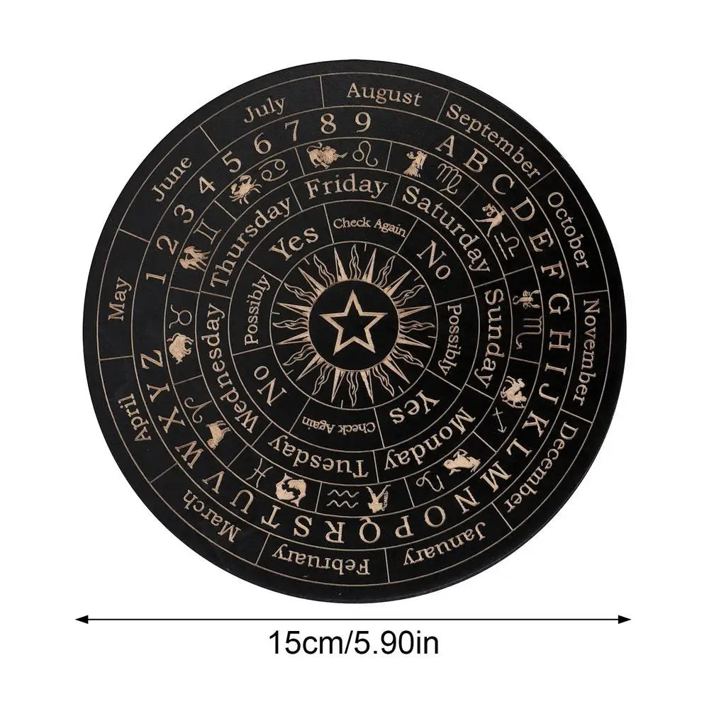 Black circular product with astrological symbols and text, size indicated as 15cm/5.90in.