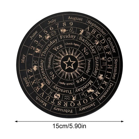 Black circular product with astrological symbols and text, size indicated as 15cm/5.90in.