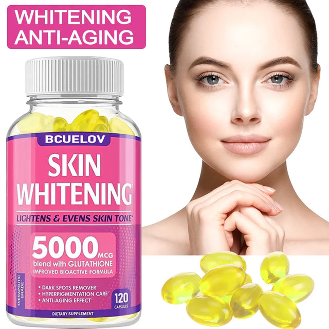 Skin whitening supplement bottle with a woman's face and pills on a white background