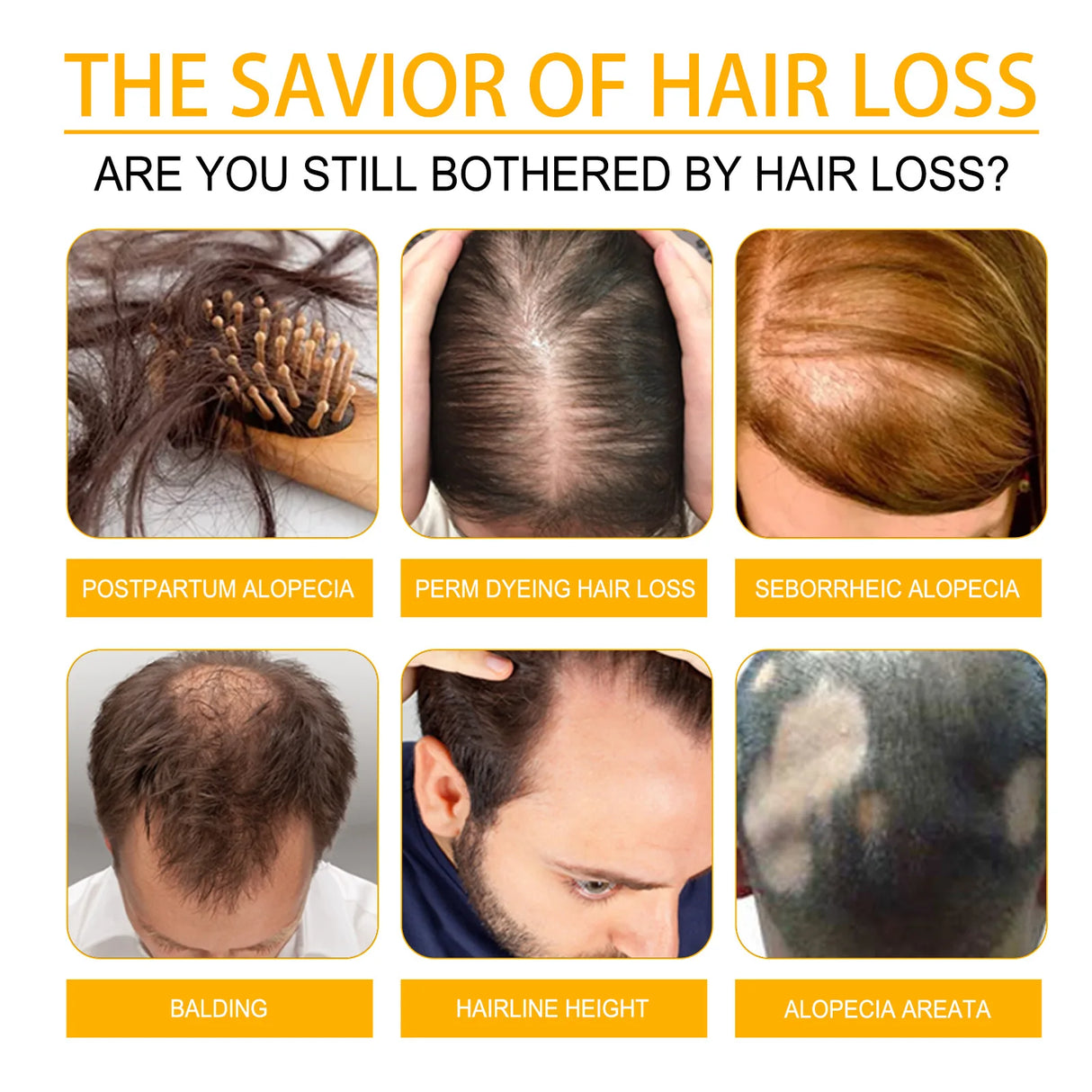 Promotional graphic about hair loss solutions with images of hair issues and text.