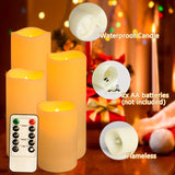 Set of flameless candles with remote control, highlighting waterproof feature and battery requirement.