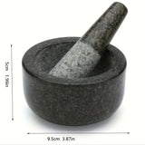 Stone mortar and pestle with dimensions on a white background