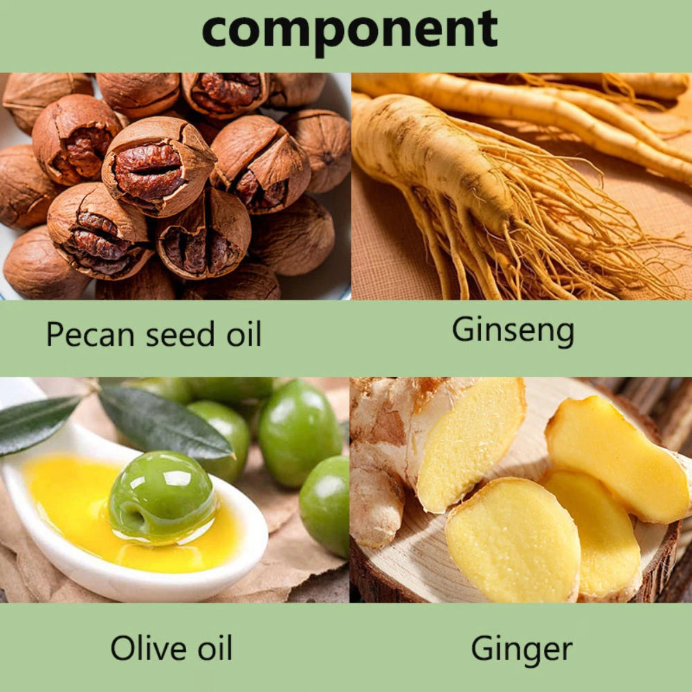Collage of ingredients including pecan seed oil, ginseng, olive oil, and ginger with labels on a green background.