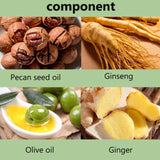 Collage of ingredients including pecan seed oil, ginseng, olive oil, and ginger with labels on a green background.
