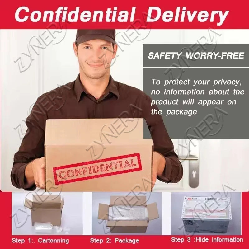 Man holding a box with 'Confidential' stamp, ZNERA branding, and text about privacy protection.