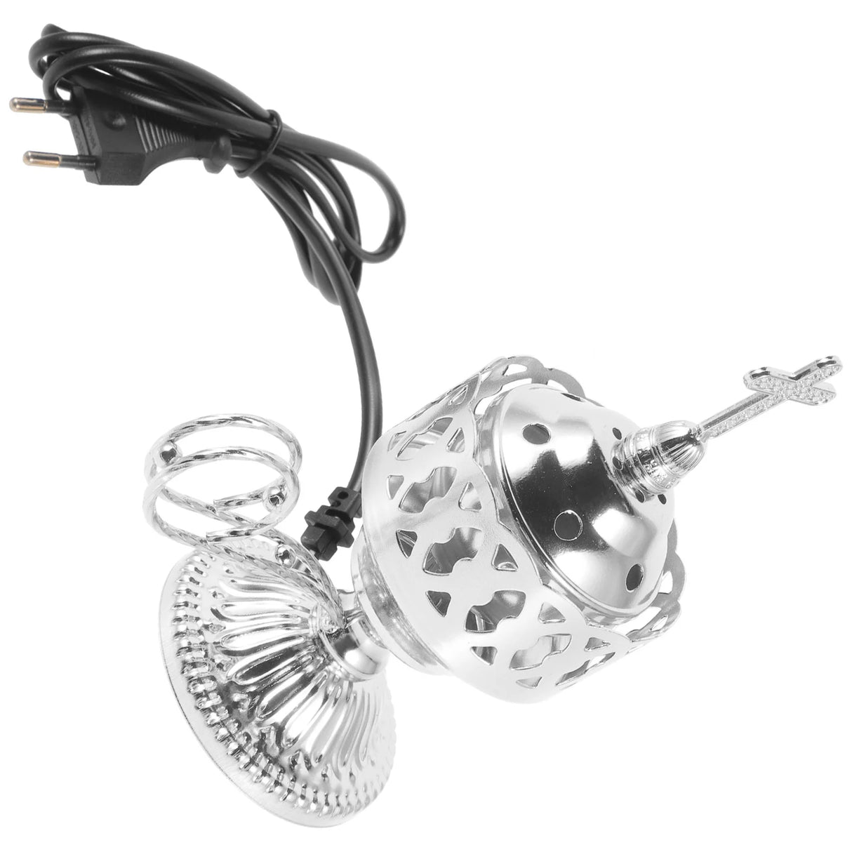 Decorative lamp with intricate design and power cord on a white background