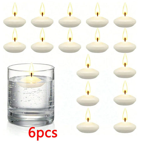 Set of 6 floating candles in water with a glass container on a white background