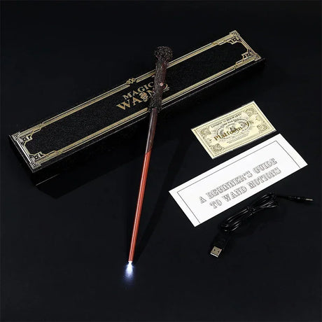 Light-up wand with packaging, money, and USB cable on a black background