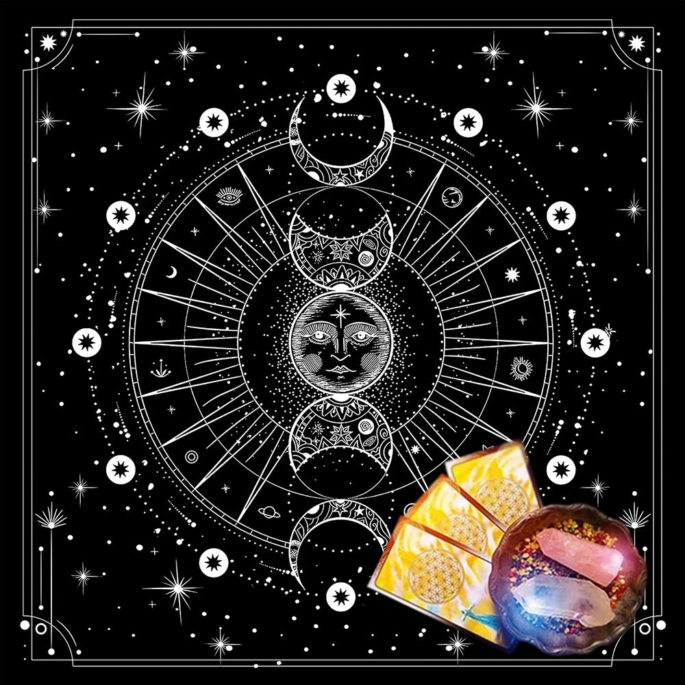 Decorative design with moon phases, stars, and crystals on a black background