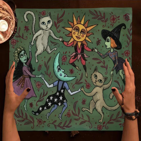 Illustration of celestial beings and cats on a green background with hands holding the edges.