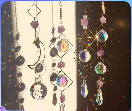 Decorative hanging crystal sun catchers with rainbow折射效果, promotional text overlay.