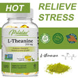 Psilalae L-Theanine supplement bottle with green background and text promoting stress relief.