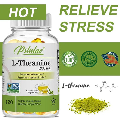 Psilalae L-Theanine supplement bottle with green background and text promoting stress relief.